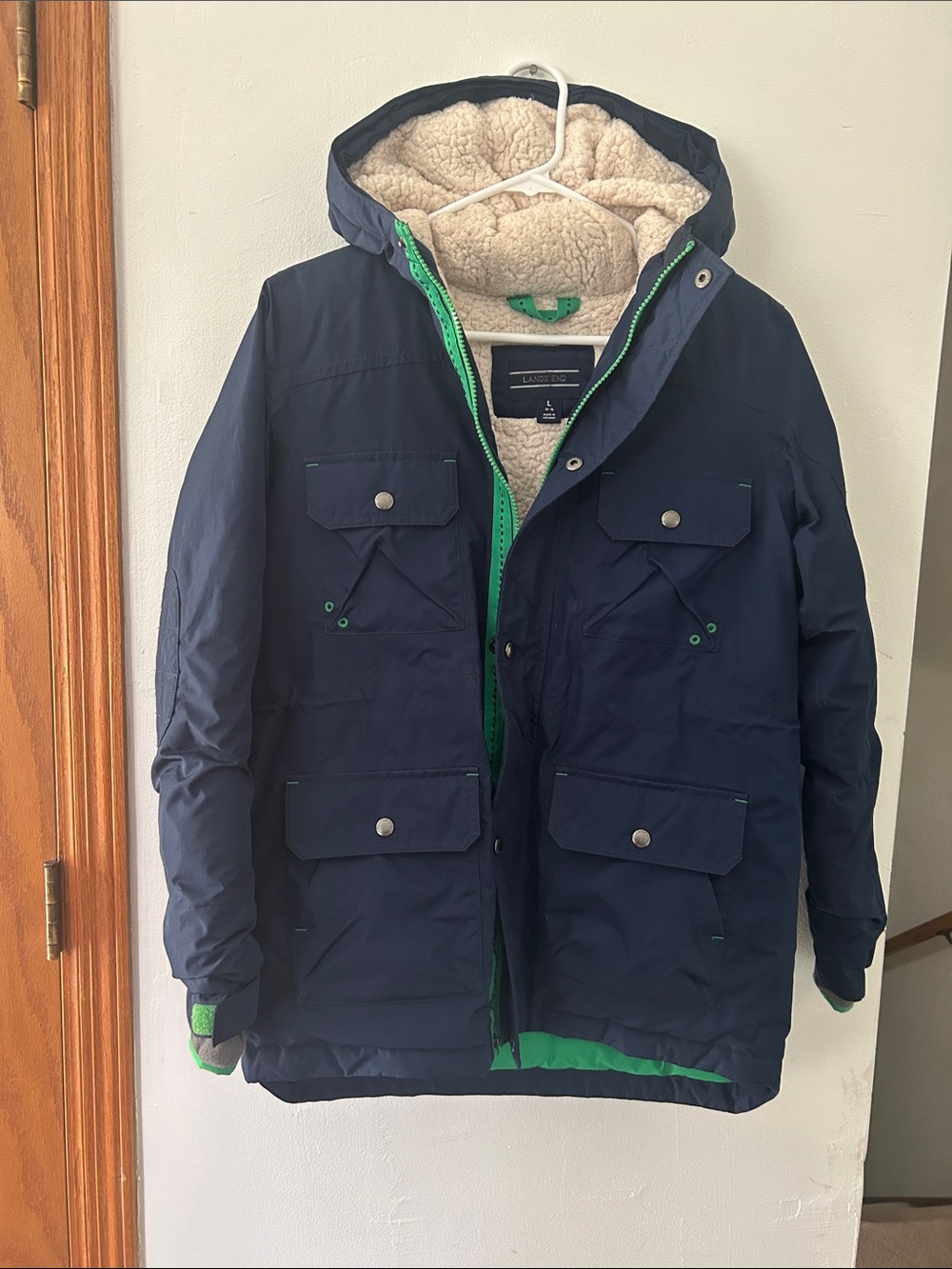 Lands' End Navy Field Jacket with Green Trim and Sherpa Hood